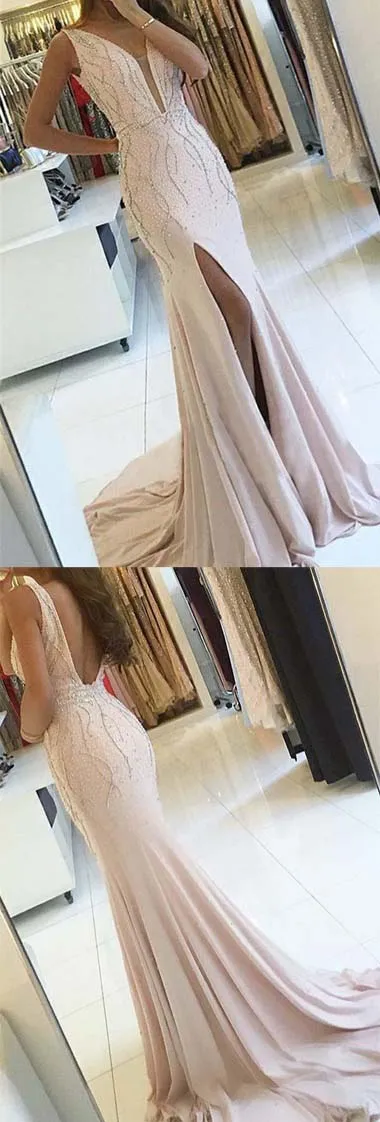 Pearl Pink Backless Sheath V-Neck Sweep Train Long Prom Dress with Beading, M292