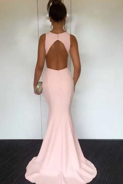 Pearl Pink Mermaid Round Neck Open Back Long Prom Dress with Sweep Train, M172