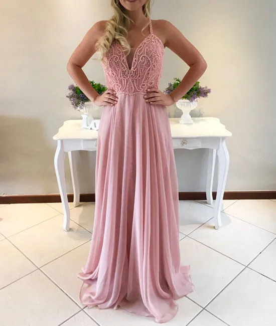 Pink A-line sweetheart neck chiffon long prom dress,formal dress