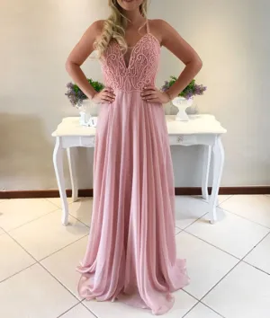 Pink A-line sweetheart neck chiffon long prom dress,formal dress