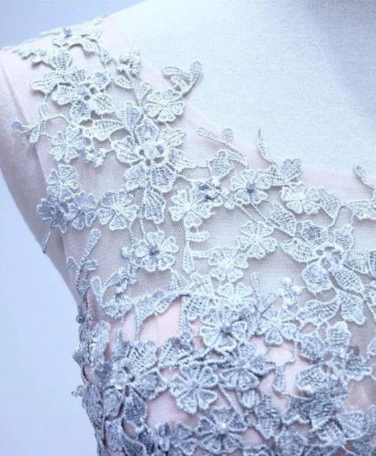 Pink Chiffon Party Dress with Grey Lace Applique, Lovely Pink Party Dresses, Pink Evening Gowns