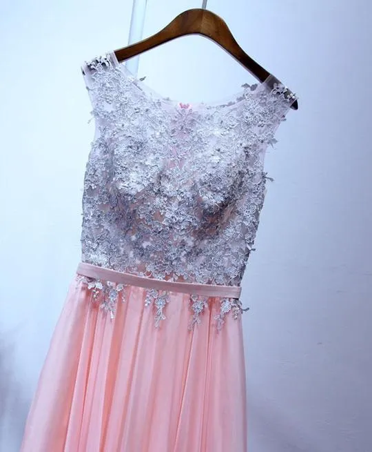 Pink Chiffon Party Dress with Grey Lace Applique, Lovely Pink Party Dresses, Pink Evening Gowns