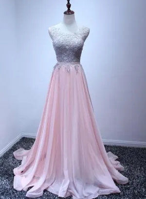 Pink Chiffon Party Dress with Grey Lace Applique, Lovely Pink Party Dresses, Pink Evening Gowns