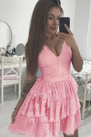 Pink Deep V Neck Spaghetti Short Prom Dress,A Line Layers Lace Homecoming Dress,Party Dress SH177
