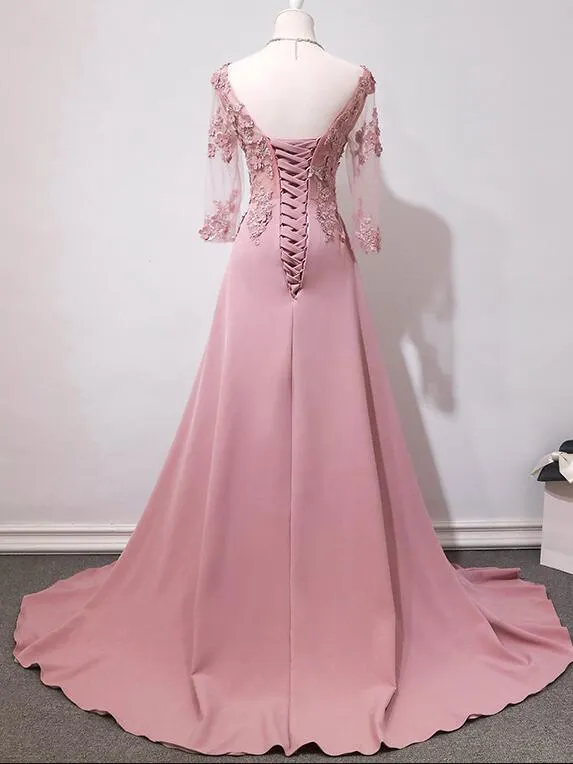 Pink Handmade Spandex Round Neckline Long Party Dress, Pink Prom Dress