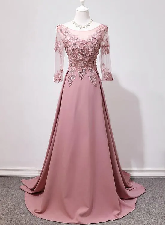 Pink Handmade Spandex Round Neckline Long Party Dress, Pink Prom Dress