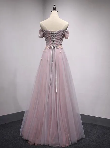Pink Off Shoulder Short Sleeves Long Party Dress, Pink Formal Dress , Junior Party Dress