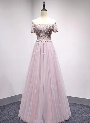 Pink Off Shoulder Short Sleeves Long Party Dress, Pink Formal Dress , Junior Party Dress