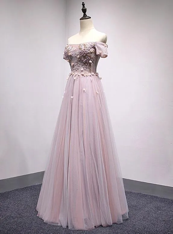 Pink Off Shoulder Short Sleeves Long Party Dress, Pink Formal Dress , Junior Party Dress