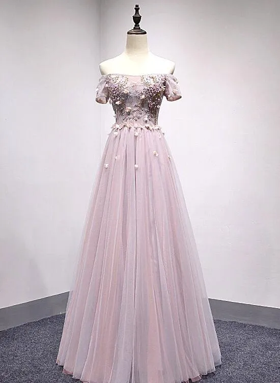 Pink Off Shoulder Short Sleeves Long Party Dress, Pink Formal Dress , Junior Party Dress