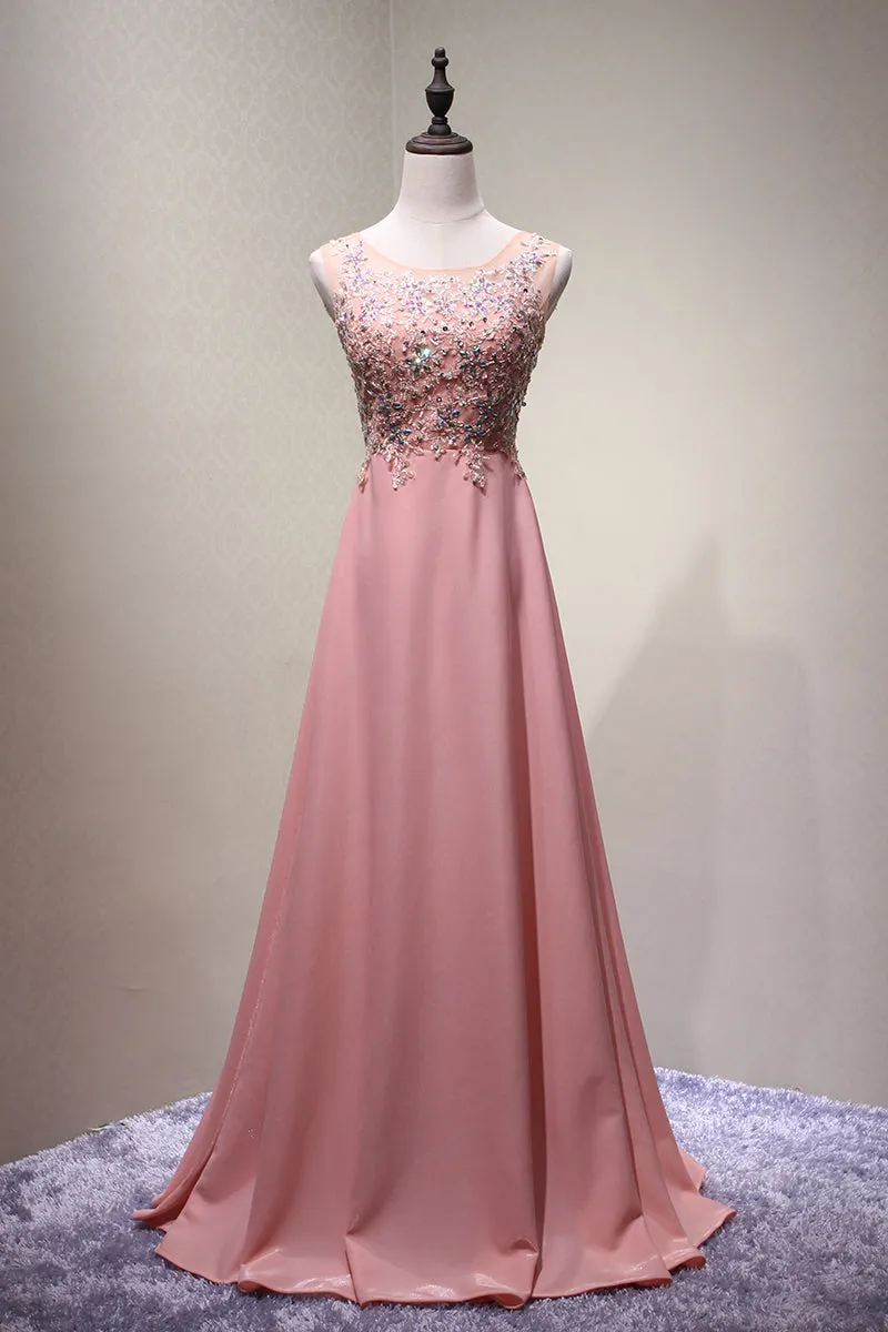Pink Round Neckline Chiffon and Beaded Party Dresses , Long Formal Dresses