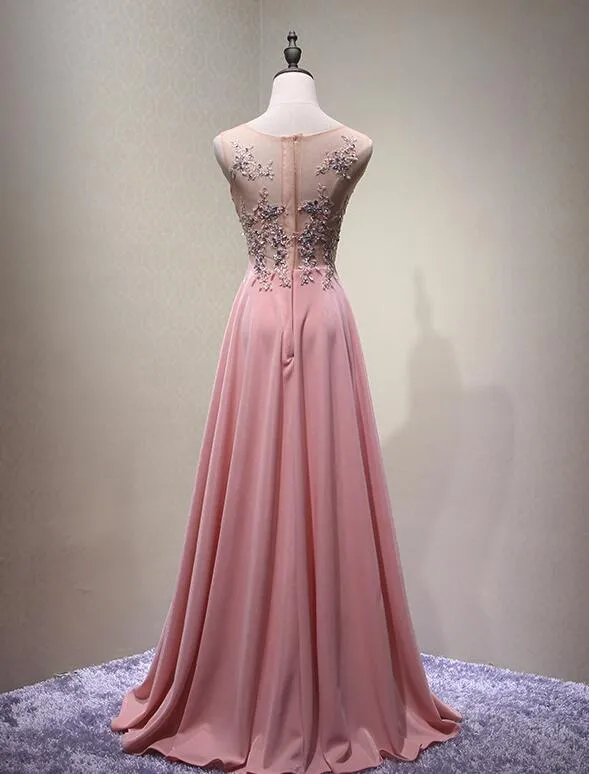 Pink Round Neckline Chiffon and Beaded Party Dresses , Long Formal Dresses