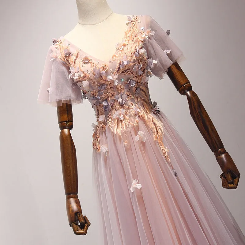 Pink Short Tulle Floor Length Prom Gown, Floor Length Formal Dresses