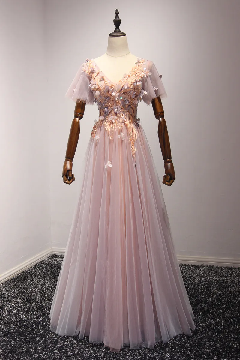 Pink Short Tulle Floor Length Prom Gown, Floor Length Formal Dresses