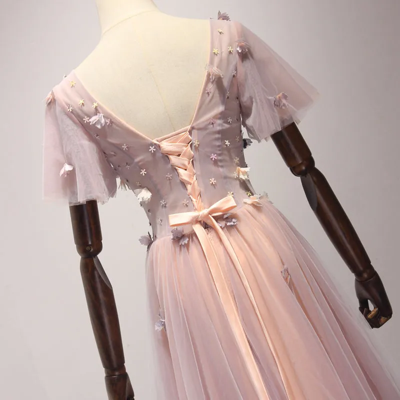 Pink Short Tulle Floor Length Prom Gown, Floor Length Formal Dresses