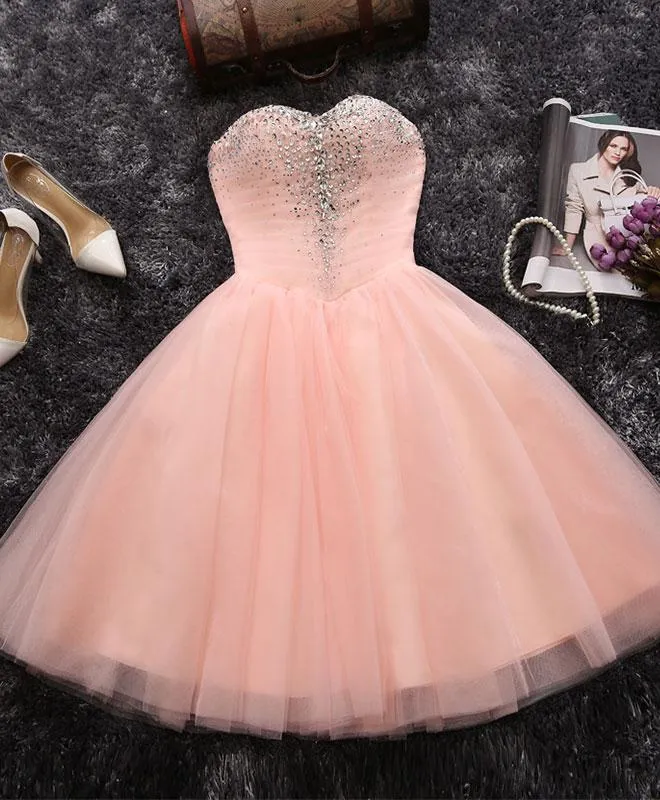 Pink Sweetheart Beaded Tulle Short Party Dress, Cute Formal Dresses , Woman Formal Dresses