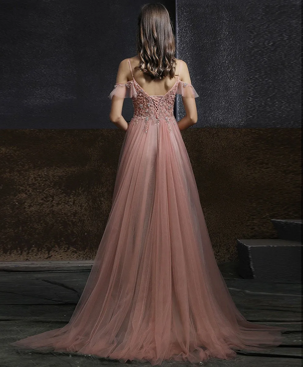 Pink Sweetheart Straps Beaded Long Formal Dress, Pink Tulle A-line V Back Evening Dress Prom Dress