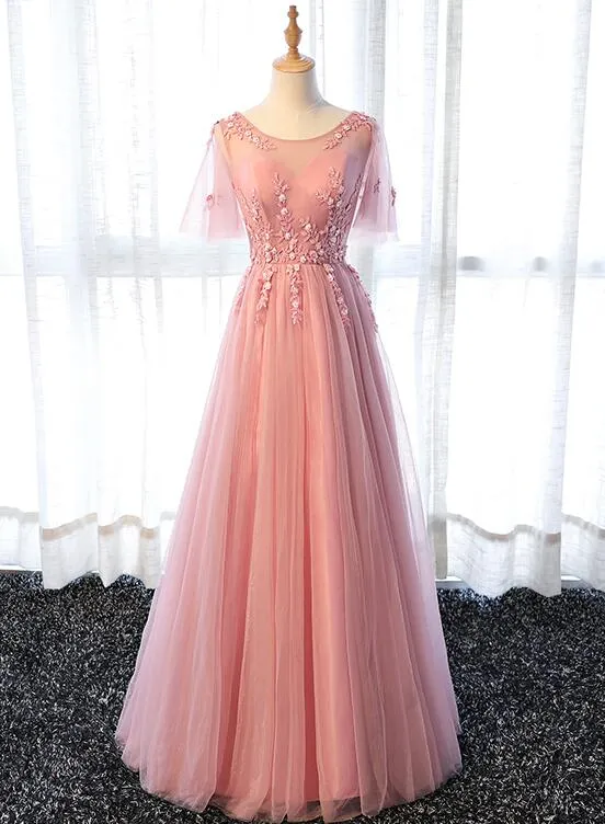 Pink Tulle Elegant Party Dress Long, Handmade Formal Gowns , Prom Dress