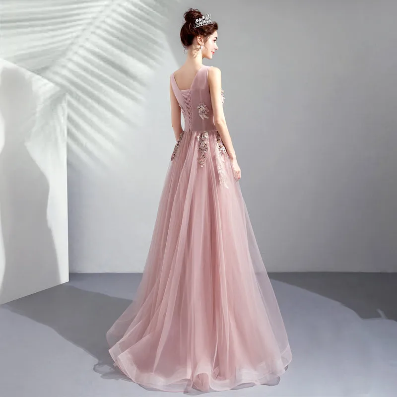 Pink Tulle Flowers V-neckline Long Formal Gown, Lovely Pink Tulle Prom Dress Party Dress