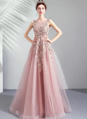 Pink Tulle Flowers V-neckline Long Formal Gown, Lovely Pink Tulle Prom Dress Party Dress