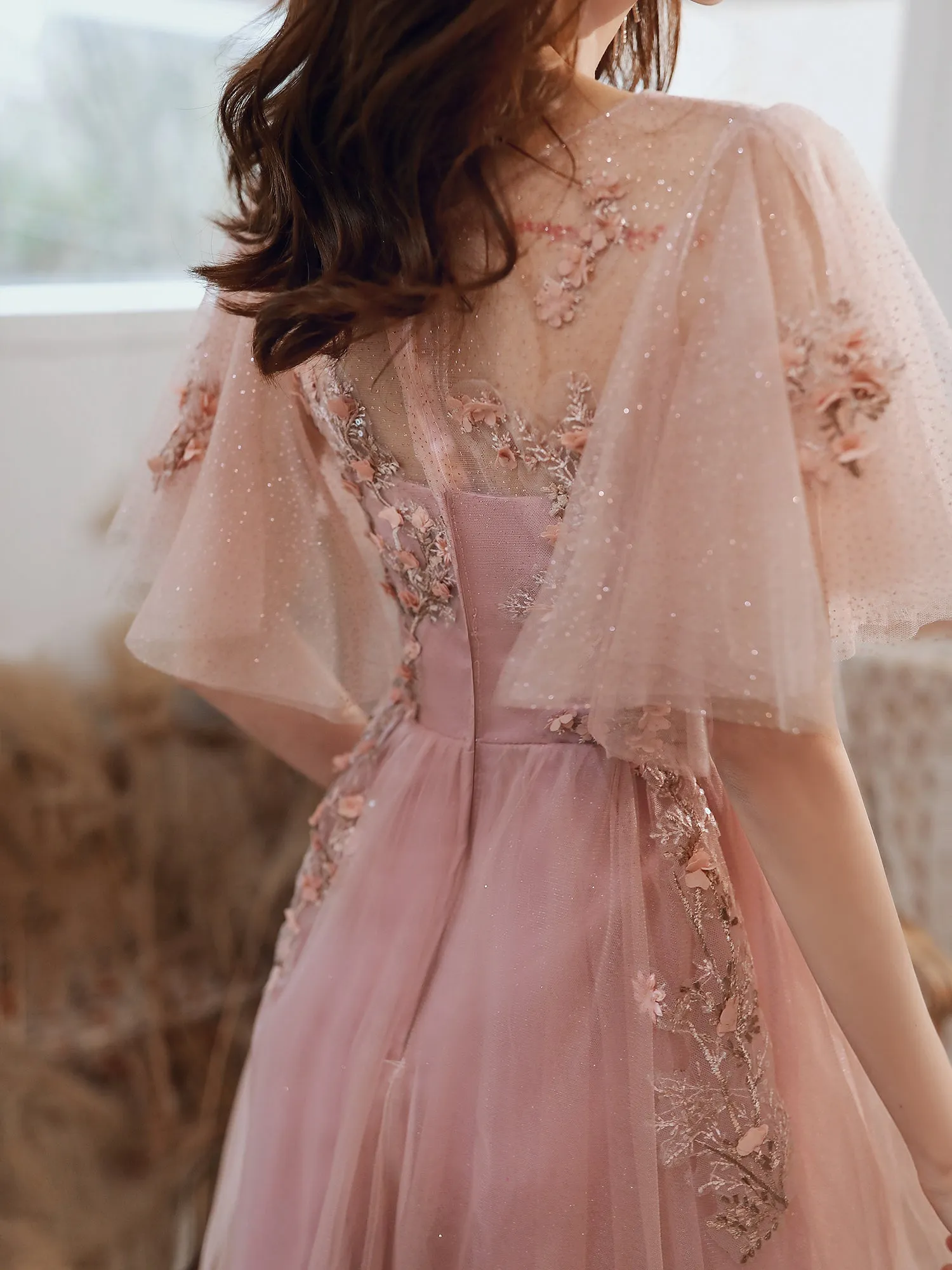 Pink Tulle Short Formal Dress with Lace, Pink Homecoming Dress