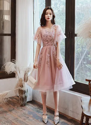 Pink Tulle Short Formal Dress with Lace, Pink Homecoming Dress