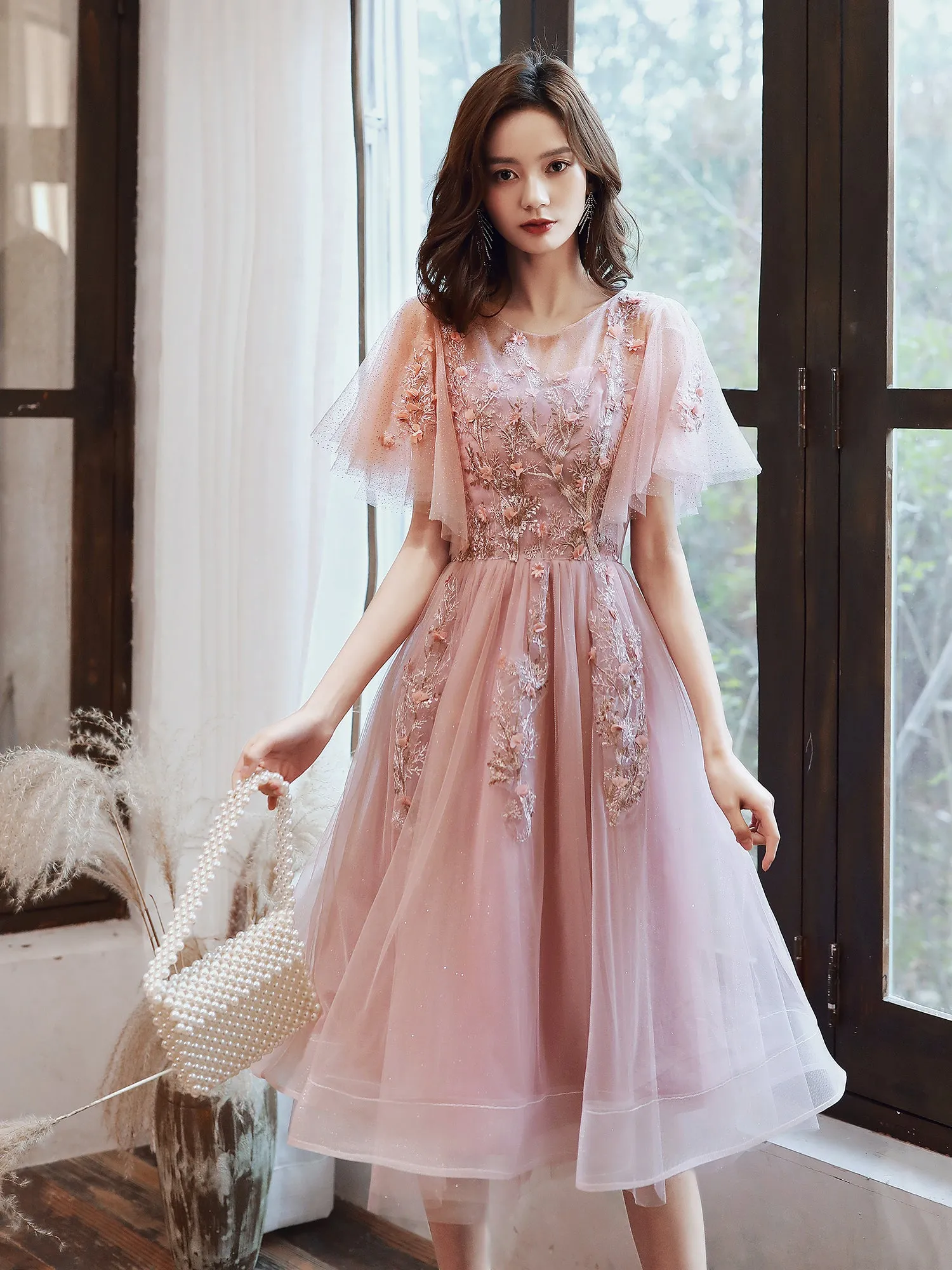 Pink Tulle Short Formal Dress with Lace, Pink Homecoming Dress