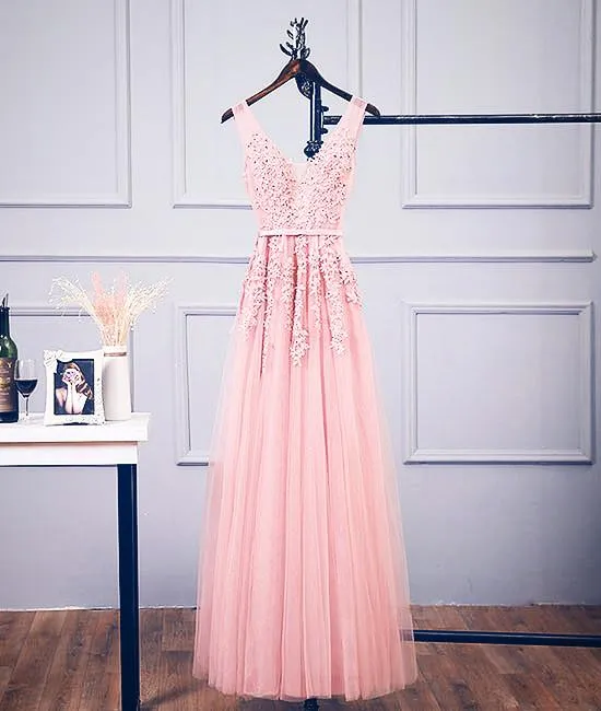 Pink V Neck Tulle Lace Applique Long Prom Dress