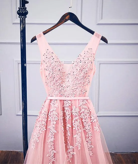Pink V Neck Tulle Lace Applique Long Prom Dress
