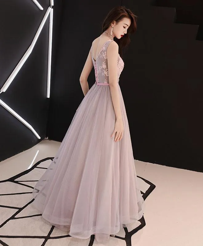 Pink V-neckline Beaded Tulle with Lace Floor Length Party Dress, Pink Evening Dresses