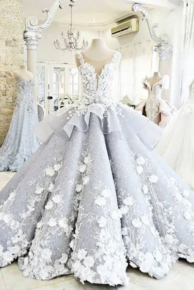 Pretty Ball Gown Flowers Long Quinceanera Dresses,Backless Princess Formal Dress Wedding /Prom OK259
