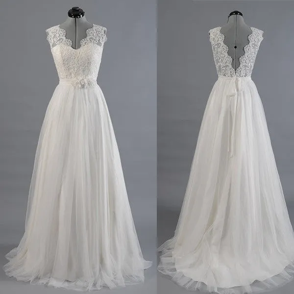 Princess A Line V Neck Ball Gown White Lace Tulle Wedding Dress With Flowers Belt OK183
