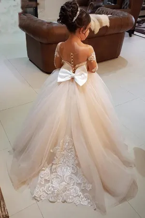 Princess Ball Gown Long Sleeves Tulle Long Flower Girl Dresses with Lace Appliques OKB98