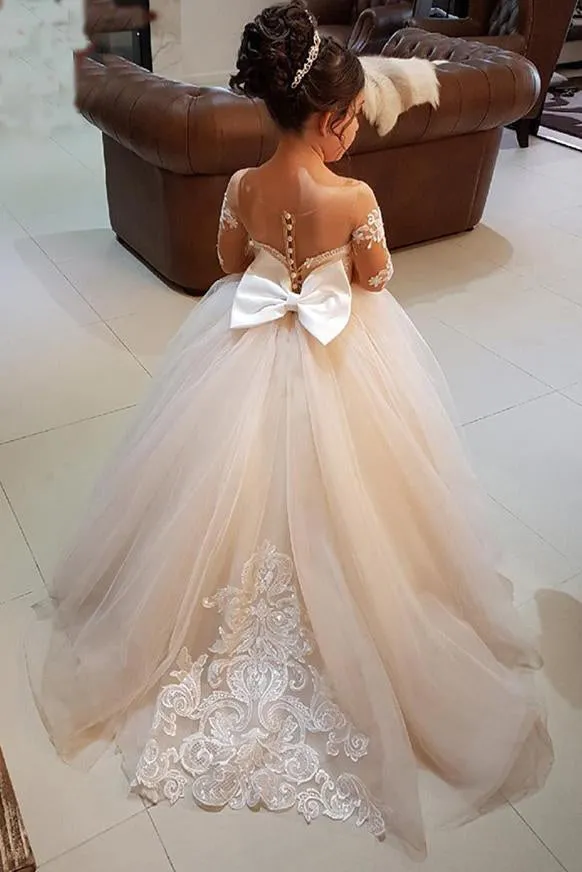 Princess Ball Gown Long Sleeves Tulle Long Flower Girl Dresses with Lace Appliques OKB98