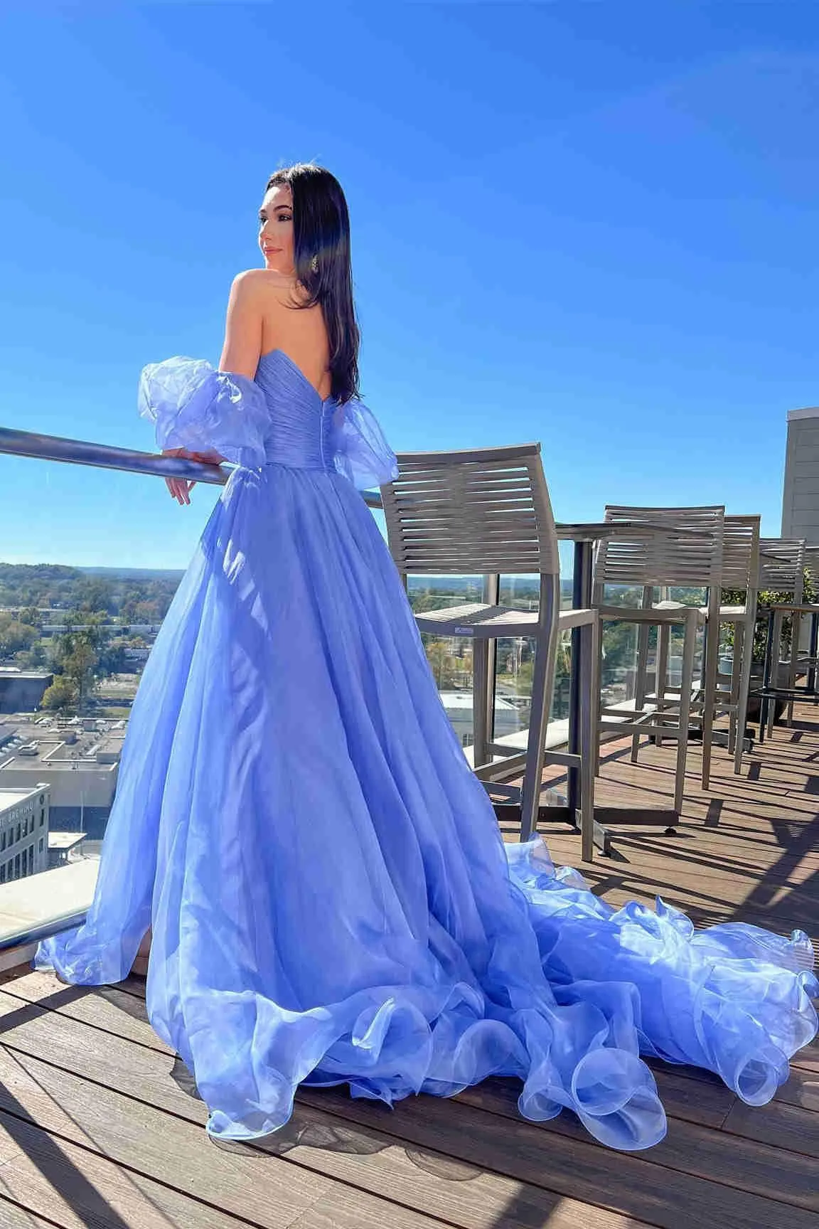 Princess Blue Puff Sleeves Pleated Long Prom Formal Dress TP1140