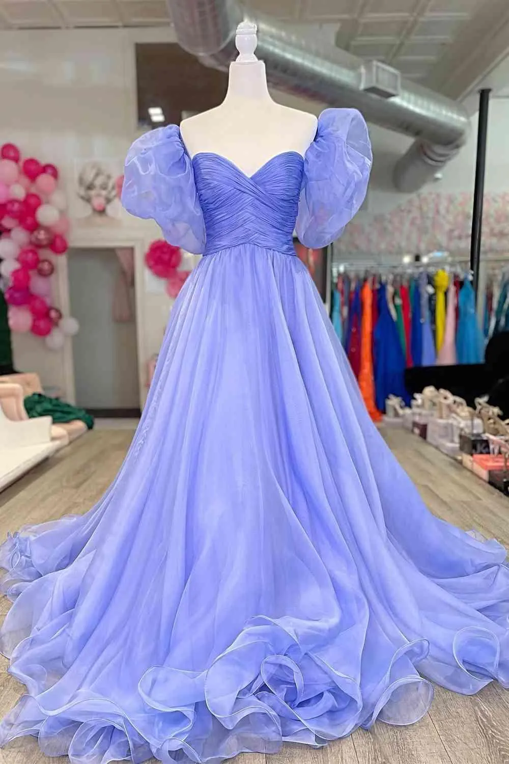 Princess Blue Puff Sleeves Pleated Long Prom Formal Dress TP1140