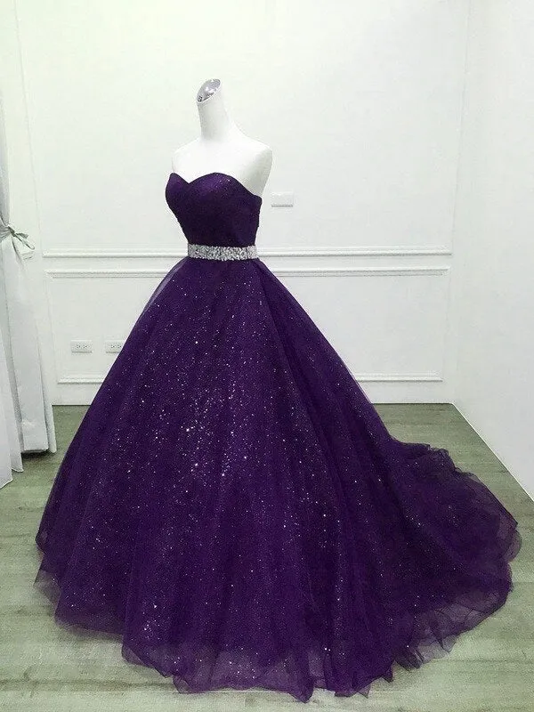 Purple Gorgeous Shiny Tulle Beaded Sweetheart Ball Gown Formal Dresses, Purple Sweet 16 Dresses