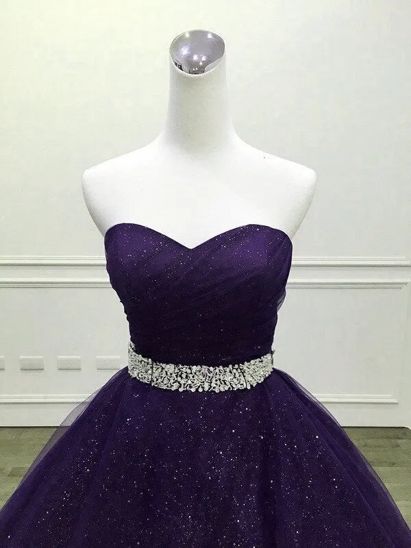 Purple Gorgeous Shiny Tulle Beaded Sweetheart Ball Gown Formal Dresses, Purple Sweet 16 Dresses