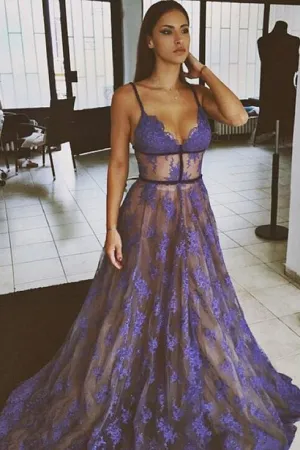 Purple Lace Spaghetti Straps Nude Lining Long Sexy Prom Dresses OK867