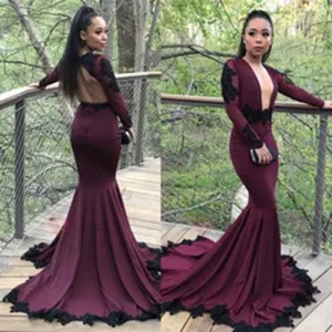 Purple Mermaid Long Sleeves Long Prom Dress with Black Appliques, M185