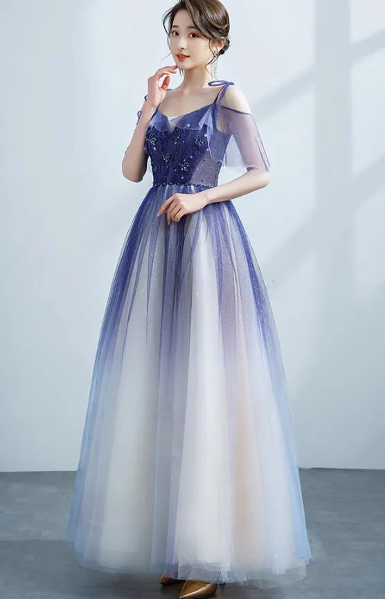 Purple Tulle Gradient Straps Beaded Long Party Dress, New Style A-line Tulle Prom Dress