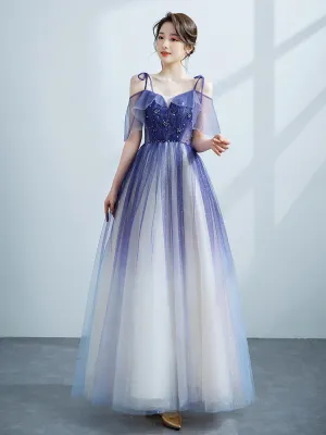 Purple Tulle Gradient Straps Beaded Long Party Dress, New Style A-line Tulle Prom Dress