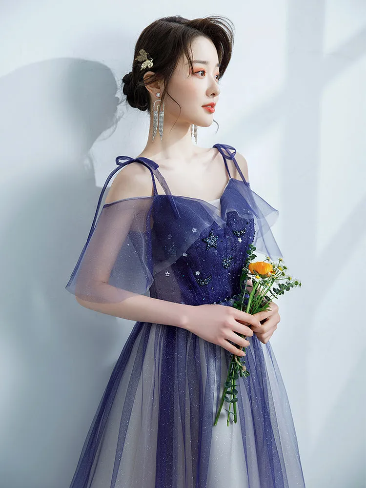 Purple Tulle Gradient Straps Beaded Long Party Dress, New Style A-line Tulle Prom Dress