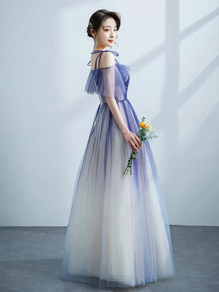 Purple Tulle Gradient Straps Beaded Long Party Dress, New Style A-line Tulle Prom Dress