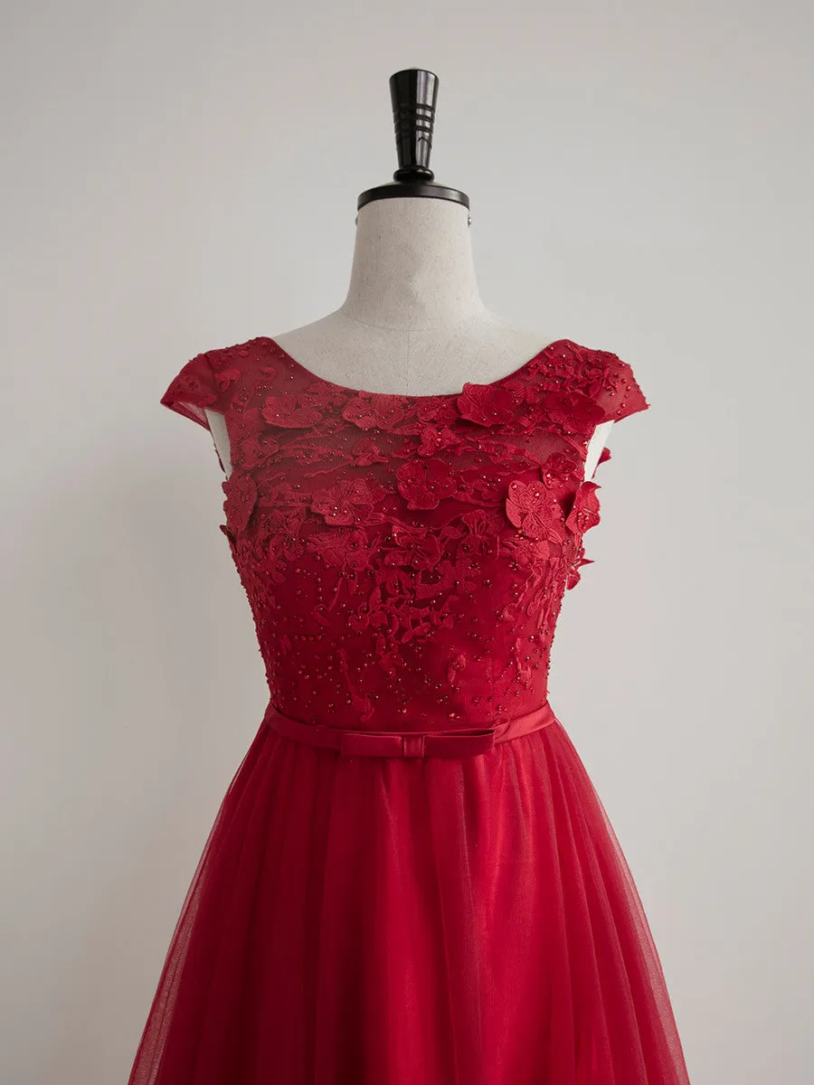 Red Cap Sleeves Lace Top and Tulle Long Bridesmaid Dresses, A-line Red Evening Dresses