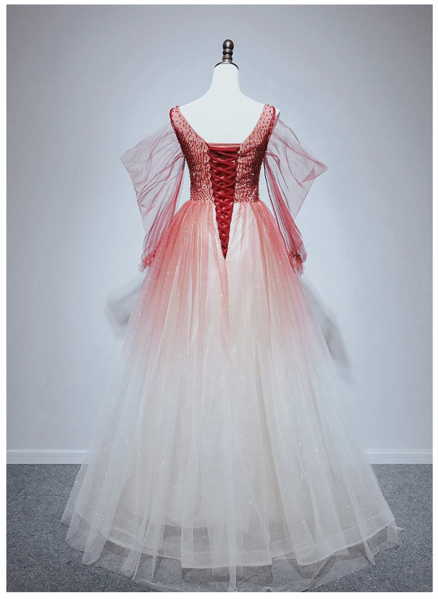 Red Gradient Beaded Tulle A-line Long Formal Dress, Red Junior Prom Dress