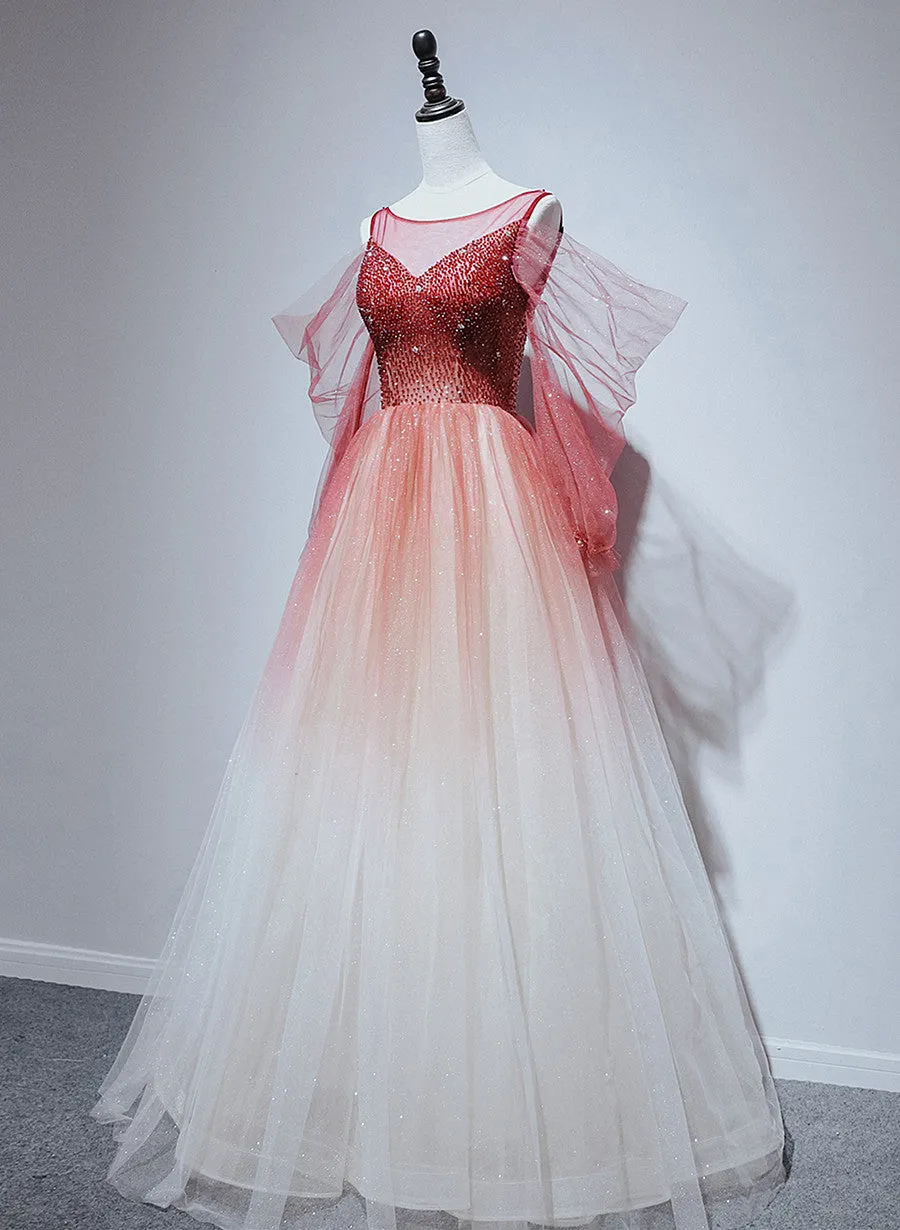 Red Gradient Beaded Tulle A-line Long Formal Dress, Red Junior Prom Dress