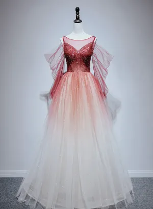 Red Gradient Beaded Tulle A-line Long Formal Dress, Red Junior Prom Dress