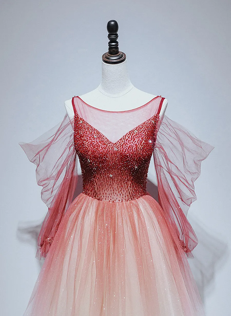 Red Gradient Beaded Tulle A-line Long Formal Dress, Red Junior Prom Dress