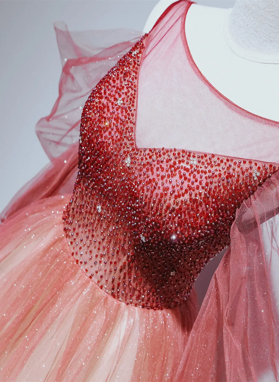 Red Gradient Beaded Tulle A-line Long Formal Dress, Red Junior Prom Dress